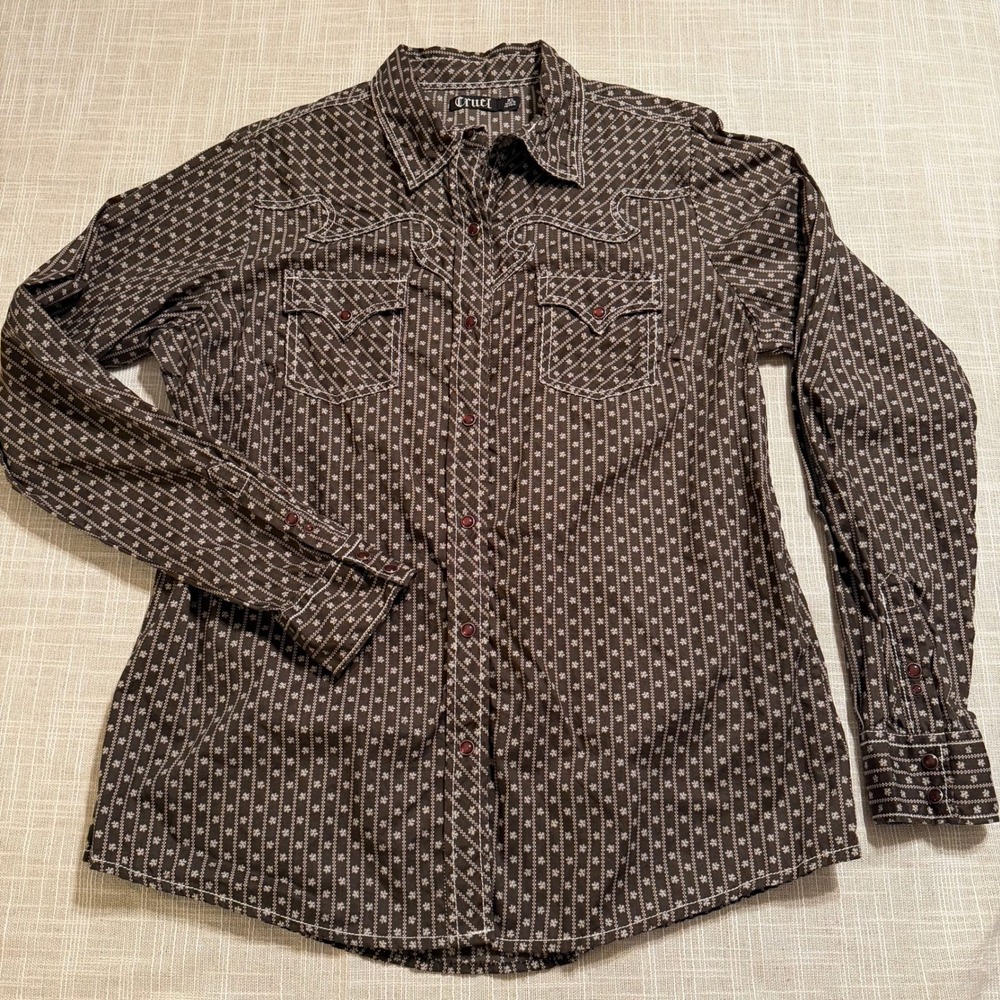Cruel‎ Girl Womens XL Brown Floral Stripe Western Snap Front Long Sleeve Shirt